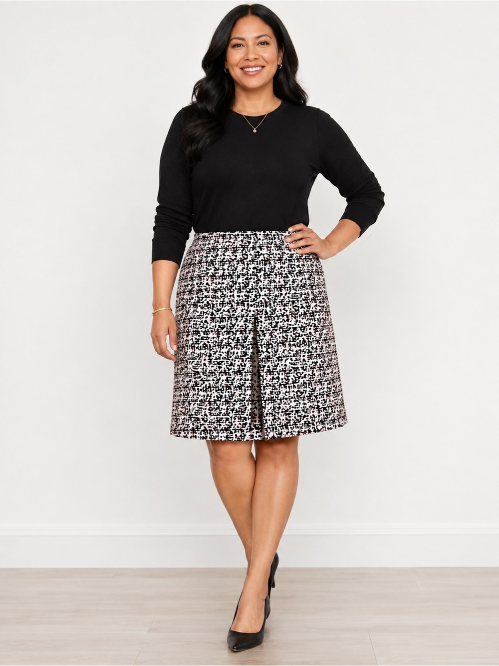 Talbots Size 16 Black Pink Abstract Print Pleated A-Line Skirt Lined